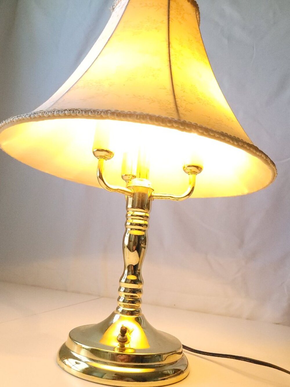 3-Light Candelabra Solid Brass Table Lamp with Floral Bell Shade - Circa 1970s